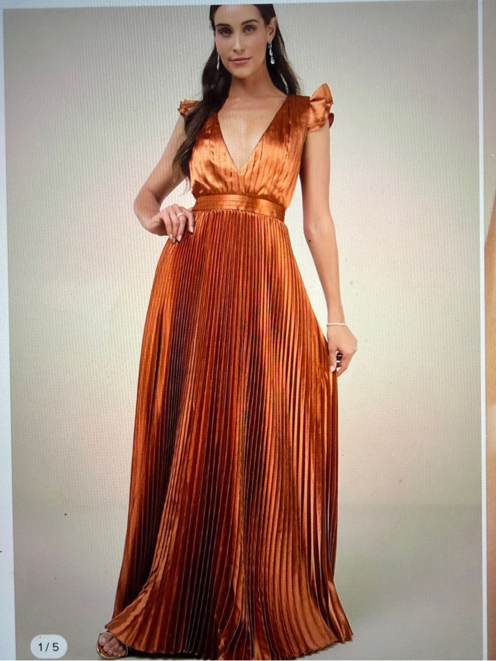 Lulu's Copper Satin Pleated V-Neck Maxi Dress
